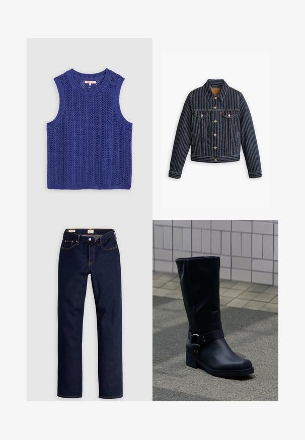 Blauwe denimjack met witte verticale strepen, knoopsluiting aan de voorkant, twee borstzakken en een kraag. Stiksels zichtbaar langs de naden.; Gebreid mouwloos topje in felpaars, met een gemêleerd patroon, een ronde halslijn en ribgebreide randen.; Donkerblauwe jeans met rechte pijpen, oranje stiksels, vijf zakken en knoopsluiting, plat neergelegd op een lichte achtergrond.; Zwarte leren kuitlaars met een lage blokhak en een decoratieve riem met metalen gesp rond de enkel, op een betegeld trottoir.