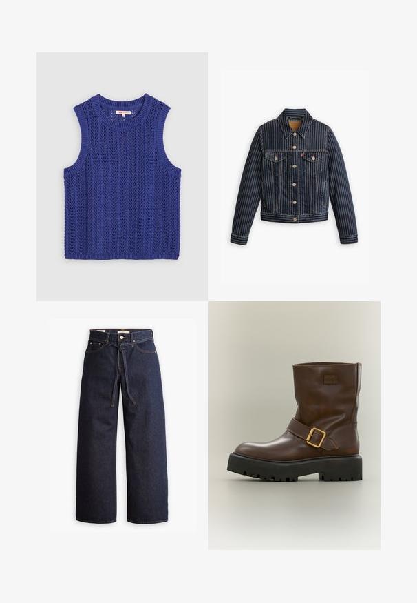 Blauwe denimjack met witte verticale strepen, knoopsluiting aan de voorkant, twee borstzakken en een kraag. Stiksels zichtbaar langs de naden.; Gebreid mouwloos topje in felpaars, met een gemêleerd patroon, een ronde halslijn en ribgebreide randen.; Wijd pijpjes donkerblauwe denim jeans met een hoge taille, voorzien van een trekkoord, vijf zakken en contrasterende stiksels.; Bruine leren enkellaars met dikke zwarte grofprofielzool en gouden gespsluiting aan de zijkant tegen een neutrale achtergrond.