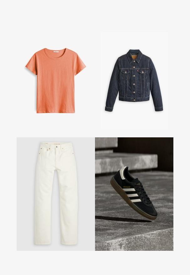 Blauwe denimjack met witte verticale strepen, knoopsluiting aan de voorkant, twee borstzakken en een kraag. Stiksels zichtbaar langs de naden.; Korte mouwen T-shirt in licht koraal, gemaakt van zachte katoen, met een ronde hals en een gladde textuur zonder patronen of accenten.; Witte denim spijkerbroek met rechte pijpen, knoop- en ritssluiting, voor- en achterzakken en koperen klinknagelaccenten.; Zwarte Adidas sneaker met witte strepen en gumzool die boven grijze betonnen trappen zweeft in natuurlijk licht.