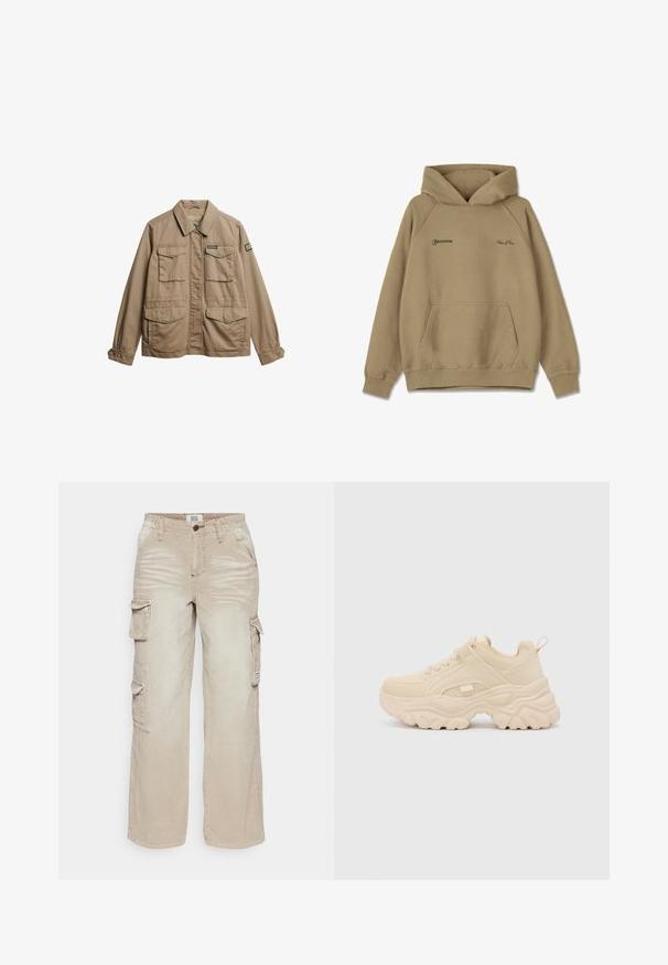 Chaqueta de lona beige con cuello, dos bolsillos en el pecho y dos bolsillos inferiores. Presenta puños con botones y un parche del logotipo de la marca en la manga.; Sudadera con capucha beige de material polar, con un bolsillo frontal, puños de canalé y logotipos bordados en el pecho.; BDG Urban Outfitters PANTS - Pantalones cargo - stone; Buffalo GALACTICA - Zapatillas - cream