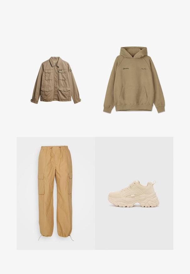 Chaqueta de lona beige con cuello, dos bolsillos en el pecho y dos bolsillos inferiores. Presenta puños con botones y un parche del logotipo de la marca en la manga.; Sudadera con capucha beige de material polar, con un bolsillo frontal, puños de canalé y logotipos bordados en el pecho.; b.young BYDEMETE - Pantalones cargo - tiger's eye; Buffalo GALACTICA - Zapatillas - cream