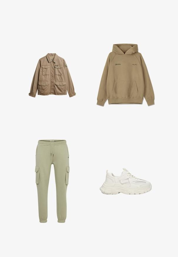 Beige canvas jasje met een kraag, twee borstzakken en twee onderste zakken. Heeft knoopsluiting aan de mouwen en een merklogo-opdruk op de mouw.; Beige hoodie van fleece materiaal, met een voorkantzak, geribde manchet en geborduurde logo's op de borst.; Lichtgroene cargobroeken van zacht stof, met zijzakken, elastische manchetten en een koordje in de taille voor een verstelbare pasvorm.; Robuuste witte sneakers met een textuur bovenkant met mesh details, dikke rubberen zool, ronde neus en decoratieve accenten aan de zijkanten.