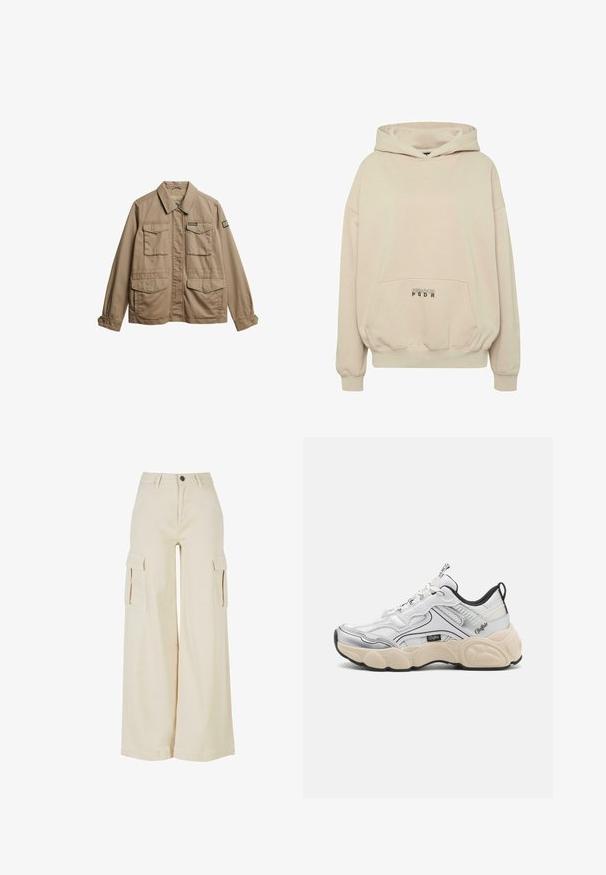 Beige canvasjakke med krave, to brystlommer og to nedre lommer. Har knapmanchetter og et mærke med logo på ærmet.; Beige hættetrøje med en forlomme, ribbede manchetter og snøre i hætten. "PECADOR PGDR" tekst trykt på lommedelen.; Beige cargo bukser med vidde, lavet af bomuld, med to store sidelommer, lukning med knap foran og en ren kant.; Hvid sportsko med mesh- og syntetiske paneler, sølvdetaljer, chunky creme farvet sål og kontrasterende sorte detaljer. Har snøresystem.
