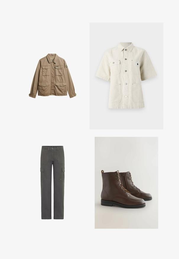 Beige canvasjakke med krave, to brystlommer og to nedre lommer. Har knapmanchetter og et mærke med logo på ærmet.; Kortærmet skjorte i lys beige stof, med spidse kraver, frontknapper, to brystlommer og et lille logomærke på venstre side.; Cargo bukser i mørkegrå bomuld med lige skæring. Har to sidelommer og en polyesterknaplukning. Holdbart stof med let struktur.; Brune læderankelstøvler med en rund tå, snøring og en sidelukning, der har et syet design og en lav sort gummisål.