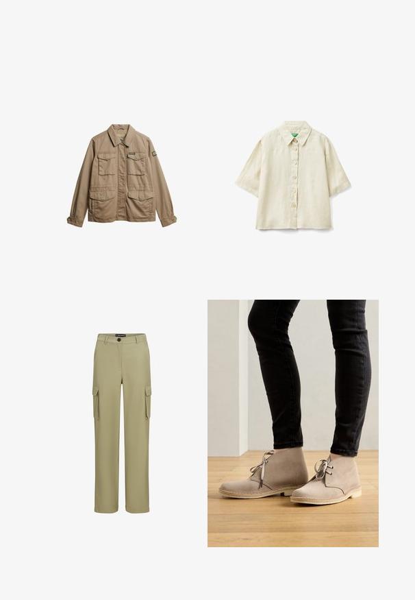 Chaqueta de lona beige con cuello, dos bolsillos en el pecho y dos bolsillos inferiores. Presenta puños con botones y un parche del logotipo de la marca en la manga.; Camisa beige de manga corta con cuello y cinco botones, confeccionada en tela ligera, presentada extendida sobre fondo blanco.; Pantalones cargo caquis fabricados con un tejido suave. Presentan dos bolsillos laterales y un cierre de botón. Diseño de pierna recta con un acabado ajustado.; Botas de ante beige hasta el tobillo con punta redondeada, diseño de cordones y costuras en contraste, llevadas con pantalones negros ajustados sobre un suelo de madera.