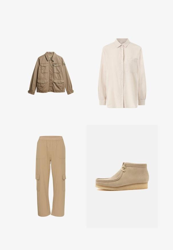 Chaqueta de lona beige con cuello, dos bolsillos en el pecho y dos bolsillos inferiores. Presenta puños con botones y un parche del logotipo de la marca en la manga.; Camisa beige de manga larga con botones, cuello y bolsillo en el pecho, mostrada sobre fondo blanco.; Pantalones cargo beige con una cintura elástica, bolsillos laterales y un corte relajado. Fabricados con un tejido ligero y texturizado.; Botín beige de ante con suela de crepé y costuras estilo mocasín, con dos ojales y tacón plano.