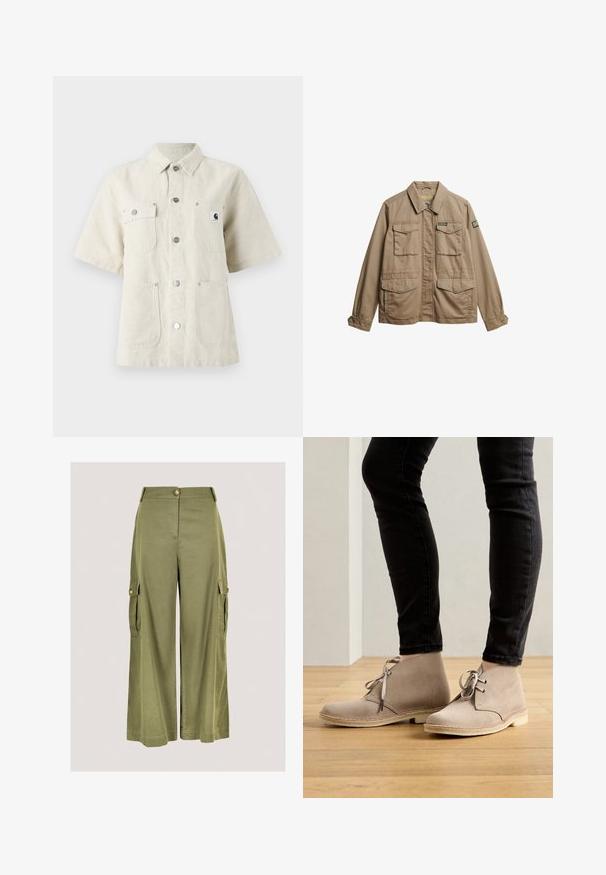 Chaqueta de lona beige con cuello, dos bolsillos en el pecho y dos bolsillos inferiores. Presenta puños con botones y un parche del logotipo de la marca en la manga.; Camisa de manga corta en tejido beige claro, con cuello de punta, botones en el frente, dos bolsillos en el pecho y un pequeño parche con el logo a la izquierda.; Pantalones de pierna ancha color verde oliva con cierre de botones en la parte frontal y bolsillos cargo a cada lado sobre un fondo claro.; Botas de ante beige hasta el tobillo con punta redondeada, diseño de cordones y costuras en contraste, llevadas con pantalones negros ajustados sobre un suelo de madera.