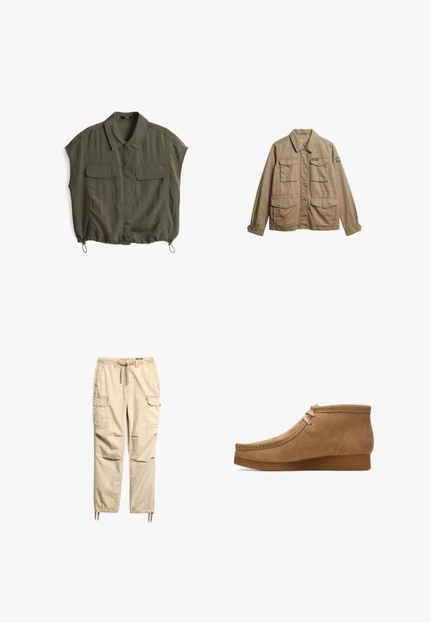 Veste en toile beige avec un col, deux poches poitrine et deux poches inférieures. Présente des manches à boutons et un patch logo de la marque sur la manche.; Chemise à manches courtes vert olive avec col, deux poches avant et ourlet réglable à cordon. Fabriquée en tissu léger et froissé.; Pantalon cargo beige en tissu léger. Il comprend une taille élastique, un cordon de serrage et plusieurs poches latérales avec une jambe fuselée.; Chaussure à cheville en suède beige avec un bout arrondi, des détails de piqûre le long de la tige et une semelle en caoutchouc texturé. Design simple de fermeture à lacets.