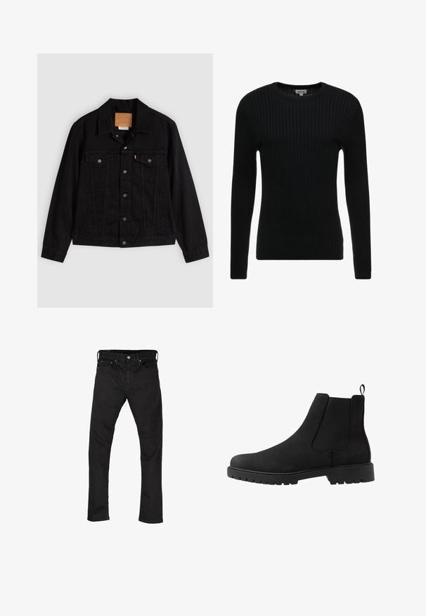 Sort denimjakke med klassisk design, der har en spids krave, brystlommer, lukning med fem knapper og et lædermærke med mærkenavn.; Sort ribbet langærmet sweater med rund hals; struktureret stof med lodrette linjer; tætsiddende silhuet; ingen synlige udsmykninger eller detaljer.; Sorte denim jeans med lige ben-design, fem-lomme stil og metalknaplukning. Glat tekstur og ensartet farve hele vejen igennem.; Pier One UNISEX - Støvletter - black