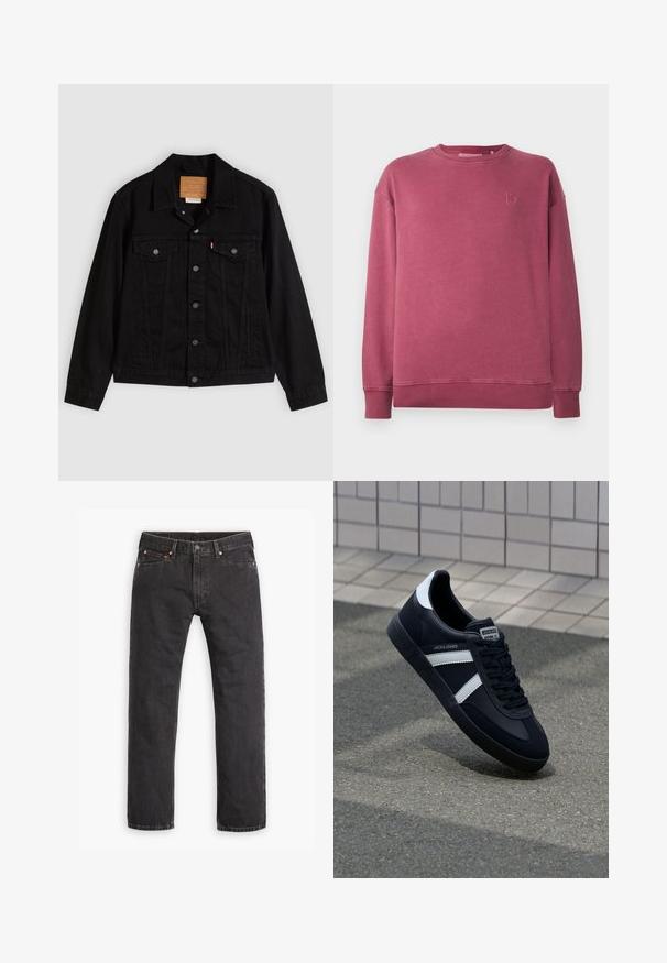 Zwarte spijkerjack met een klassiek ontwerp, voorzien van een puntkraag, borstzakken, vijf knopen aan de voorkant en een leren merkembleem.; Langemouwen crewneck sweatshirt in gewassen rozenkleur met ribbelmanchetten en -zoom, en subtiel geborduurd logo op de linkerkant van de borst.; Zwarte denim jeans met rechte pijpen, vijf zakken, knoopsluiting en koperen klinknagels, plat gelegd op een witte achtergrond.; Zwarte leren sneaker met witte strepen, een gestructureerde rubberen zool en vetersluiting aan de voorkant. Voorzien van een merklabel op de tong.