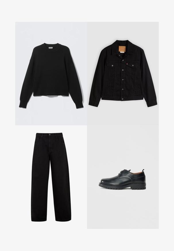Veste en denim noir au design classique, avec un col pointu, des poches poitrine, une fermeture à cinq boutons et une étiquette de marque en cuir.; Pull noir tricoté avec un col rond, des coutures tombantes aux épaules, et des poignets et ourlet côtelés. Design simple et uni, sans motifs.; Jean noir à jambes larges en denim, doté de poches avant, d'une fermeture à bouton et d'un design épuré et minimal sans motifs visibles.; Chaussures derby en cuir noir avec une texture lisse, bout rond, design à lacets et une semelle en caoutchouc épaisse et robuste.