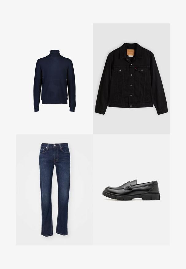 Sort denimjakke med klassisk design, der har en spids krave, brystlommer, lukning med fem knapper og et lædermærke med mærkenavn.; Mørkeblå turtleneck sweater lavet af et blødt strikstof. Har lange ærmer samt en ribbet krave og kant. Ingen mønstre eller accenter synlige.; Mørkeblå denim jeans med lige benudskæring, der har et traditionelt fem-lomme design og syede detaljer ved sømmene.; Sort læder loafersko med en bred rem over forfoden, gummisål med tykke mønstre og glat overflade. Klassisk, slankt design.