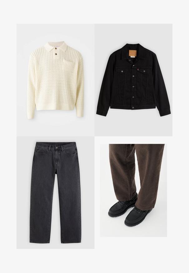 Veste en denim noir au design classique, avec un col pointu, des poches poitrine, une fermeture à cinq boutons et une étiquette de marque en cuir.; Pull en tricot couleur crème clair avec un motif texturé, patte de boutonnage à deux boutons et poche poitrine. Il possède des poignets et un ourlet côtelés.; Jeans noirs à rayures verticales avec une coupe droite, fabriqués en denim, dotés d'une fermeture à boutons à l'avant et de cinq poches.; Chaussures en cuir noir avec une finition lisse, bout arrondi et design à lacets, associées à un pantalon marron texturé. Vue en contre-plongée.
