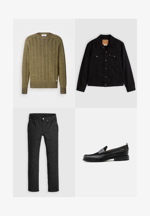 Schwarze Jeansjacke mit klassischem Design, ausgestattet mit spitzem Kragen, Brusttaschen, Fünf-Knopf-Verschluss und Leder-Label der Marke.; Grüner und gelber Fischgrät-Strickpullover mit geripptem Rundhals- und Bündchen, der ein strukturiertes gewebtes Muster hat.; Schwarze Jeanshose mit geradem Bein, ausgestattet mit einem Reißverschluss, fünf Taschen und Metallknopf-Akzenten. Glatte Textur.; Schwarzer Lederloafer mit grauem Riemendetail, niedrigem Absatz und strukturierter Sohle, seitlich mit „HUGO“ in Gold gebrandmarkt.