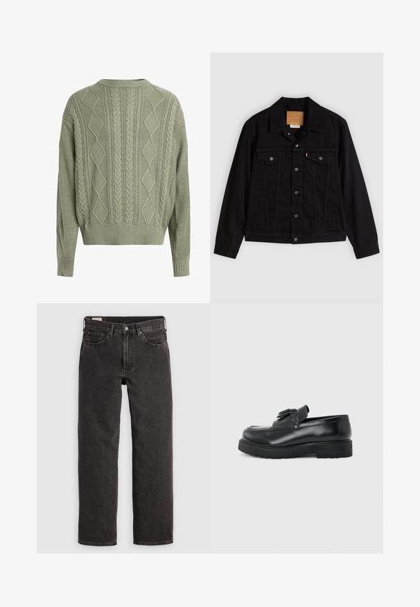 Sort denimjakke med klassisk design, der har en spids krave, brystlommer, lukning med fem knapper og et lædermærke med mærkenavn.; Grøn kabelstrik sweater med diamant- og fletmønstre, rund halsudskæring samt ribbede manchetter og kant, lavet af et tekstureret strikmateriale.; Sorte denim jeans med lige ben, fem lommer og metalbeslag. Stoffet har en let struktur og en ensfarvet finish.; Sort læderloafer med kvaster, tyk gummisål og lav hæl, vist i sideprofil på en ensfarvet baggrund.