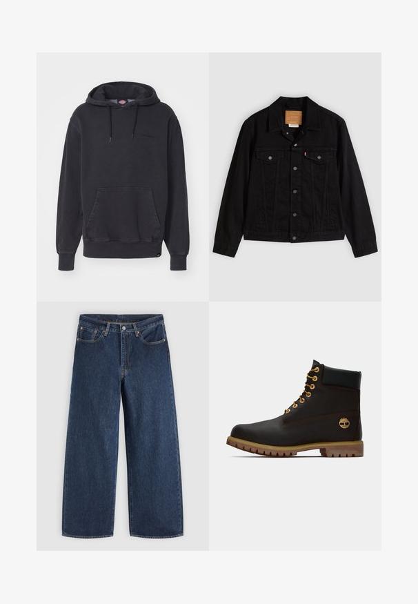 Sort denimjakke med klassisk design, der har en spids krave, brystlommer, lukning med fem knapper og et lædermærke med mærkenavn.; Sort hættetrøje lavet af bomuldsblandet stof, med en frontlomme i kangaroo-stil og ribbede manchetter og kant. Subtilt logo på brystet.; Mørkeblå vidde jeans med forlommer, knaplukning og bæltestropper, lagt fladt på en lys baggrund.; Sorte læder ankelstøvle med gyldne øjer, brune detaljer og gummisål. Har en polstret krave og præget logo på siden.