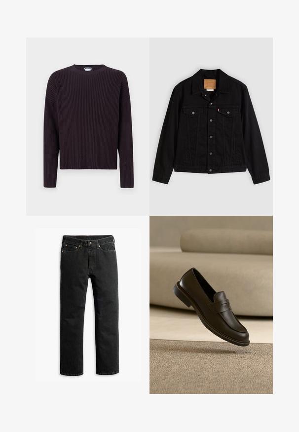 Chaqueta de mezclilla negra con un diseño clásico, que incluye cuello puntiagudo, bolsillos en el pecho, cierre de cinco botones y etiqueta de cuero de la marca.; Suéter de punto acanalado en púrpura oscuro con cuello redondo y mangas largas, que presenta un corte holgado y una tela texturizada.; Jeans de mezclilla negros de pierna recta con cinco bolsillos, trabillas para cinturón y un cierre de botón en la cintura, dispuestas en una superficie plana sobre un fondo blanco.; Un solo mocasín de cuero marrón oscuro flotando sobre una alfombra beige texturizada, con un sofá beige desenfocado al fondo.