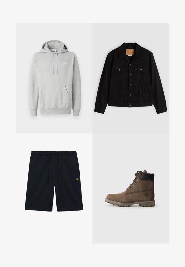 Musta denimtakki klassisella designilla, jossa on terävä kaulus, rintataskut, viiden napin kiinnitys ja nahkainen merkkilappu.; Vaaleanharmaa huppari, joka on valmistettu pehmeästä kankaasta. Siinä on kengurun tasku, kiristysnauhallinen huppu ja pieni valkoinen logo rinnassa.; Tummansiniset shortsit pehmeästä kankaasta, joissa on joustava vyötärönauha ja kiristysnaru sekä pieni keltainen logo vasemmalla puolella.; Ruske nahodne čizme od kože s crnim okovratnikom, metalnim rupama za vezanje i čvrstim siva potplatom. Ima logotip sa strane i šivane detalje.