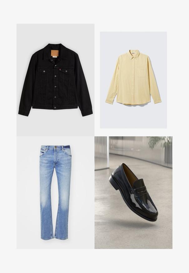 Chaqueta de mezclilla negra con un diseño clásico, que incluye cuello puntiagudo, bolsillos en el pecho, cierre de cinco botones y etiqueta de cuero de la marca.; Camisa amarilla de manga larga con botones, hecha de tela texturizada, con un bolsillo en el pecho, cuello puntiagudo y dobladillo redondeado. Etiqueta de la marca visible.; Jeans de mezclilla azul claro con un diseño de pierna recta, que presentan desgastes en la parte frontal, estilo clásico de cinco bolsillos y una cremallera con un cierre de botón.; Mocasín de charol negro con un acento de costura, punta redonda, tacón bajo y superficie suave, exhibido sobre un fondo neutro.