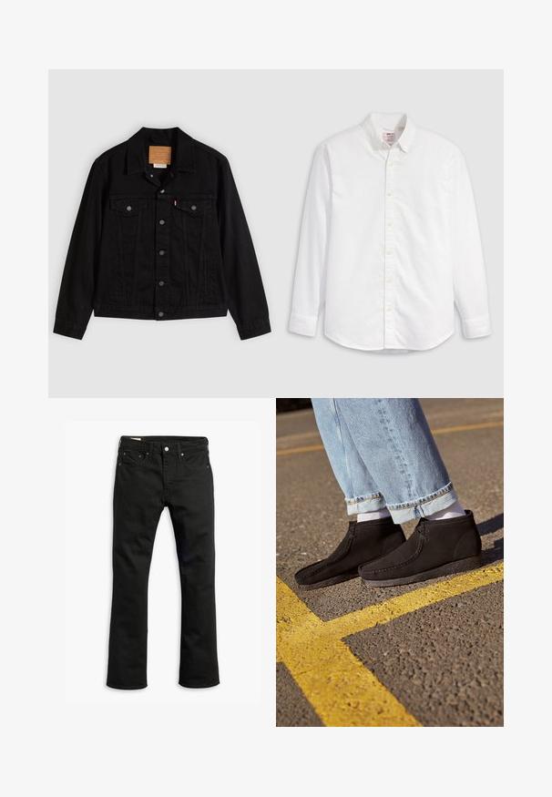Sort denimjakke med klassisk design, der har en spids krave, brystlommer, lukning med fem knapper og et lædermærke med mærkenavn.; Hvid skjorte med knapper, lavet af bomuld, med lange ærmer, krave og en buet kant. Har gule knapper og diskret branding.; Sorte denim jeans med lige ben, fem lommer, metalknaplukning og diskrete syninger. Glat tekstur og ensfarvet.; Sorte suede ankelstøvler med en glat overflade, buet tå og syede detaljer. Kombination med lyseblå buksere jeans med opfoldede manchetter og hvide sokker.