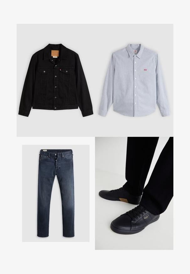 Chaqueta de mezclilla negra con un diseño clásico, que incluye cuello puntiagudo, bolsillos en el pecho, cierre de cinco botones y etiqueta de cuero de la marca.; Camisa de manga larga, a rayas en azul claro y blanco, con botones, cuello y pequeño logo rojo de Levi's en el pecho izquierdo.; Jeans de mezclilla azul oscuro con corte recto, que cuentan con cremallera, botones metálicos y acentos de remaches de cobre. Textura suave, sin patrones visibles.; Zapatillas de cuero negro con un diseño elegante, que presentan una superficie texturizada, punta redonda y cordones negros. Detalle del logo en dorado en el lateral.