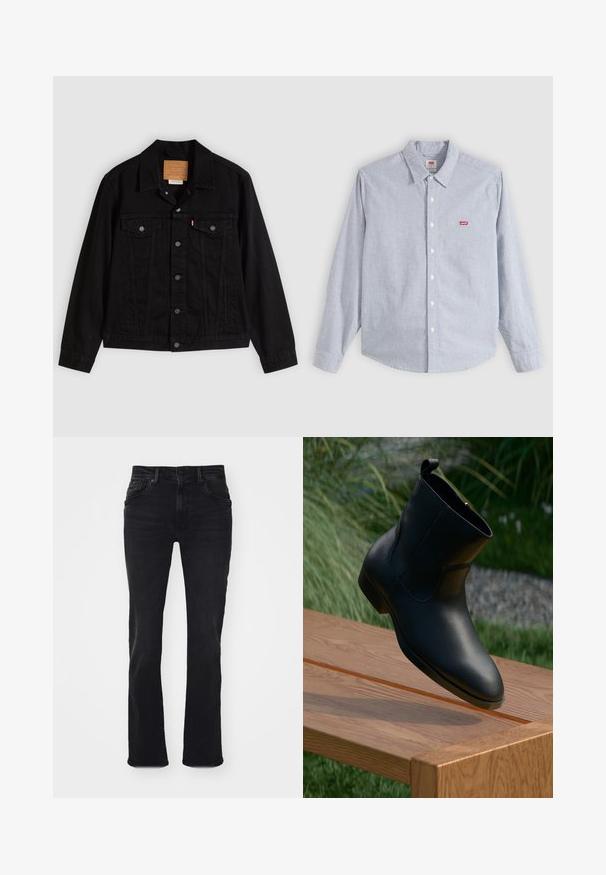 Schwarze Jeansjacke mit klassischem Design, ausgestattet mit spitzem Kragen, Brusttaschen, Fünf-Knopf-Verschluss und Leder-Label der Marke.; Langärmeliges, hellblau-weiß gestreiftes Hemd mit Knopfleiste, Kragen und kleinem rotem Levi's-Logo auf der linken Brust.; Schwarze Jeans mit geradem Schnitt, die im klassischen Fünf-Taschen-Stil gestaltet sind und dezente Stickdetails an den Taschen aufweisen.; Schwarze Leder-Ankle-Boots mit Reißverschluss, positioniert an einem Ende einer polierten Holzbank im Freien, mit Gras und Steinen im Hintergrund.