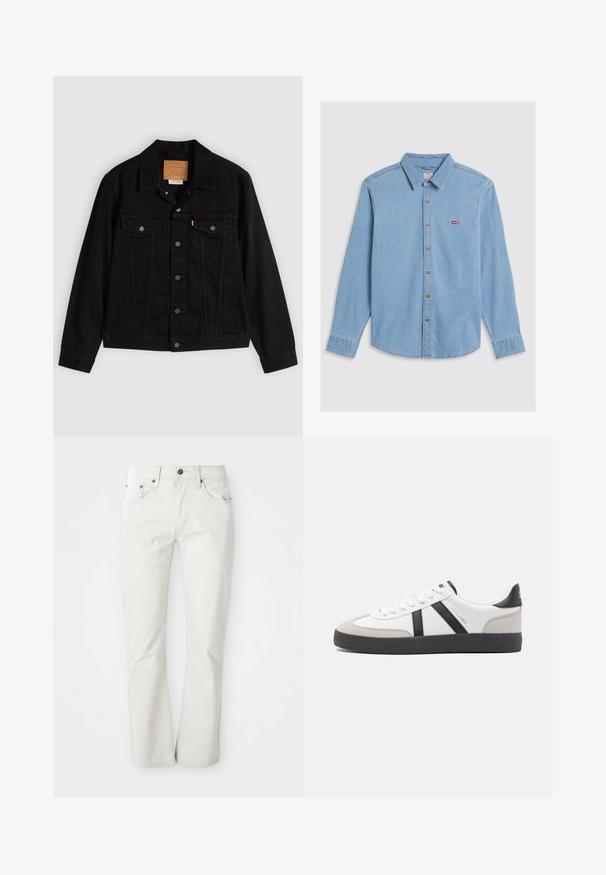 Schwarze Jeansjacke mit klassischem Design, ausgestattet mit spitzem Kragen, Brusttaschen, Fünf-Knopf-Verschluss und Leder-Label der Marke.; Hellblaues Denim-Shirt mit langen Ärmeln, Knopfleiste und spitzem Kragen. Verfügt über braune Knöpfe und ein kleines rotes Logo-Patch.; Helle Jeans aus Baumwollmischung. Gerades Bein-Design mit Fünf-Taschen-Stil und Metallknopfverschluss. Glatte Textur.; Weiße Sneaker mit schwarz- und grau-aczenten, ausgestattet mit einer strukturierten grauen Zehenkappe, schwarzer Gummi-Sohle und flachen weißen Schnürsenkeln. Sauberes Design, minimalistische Stil.