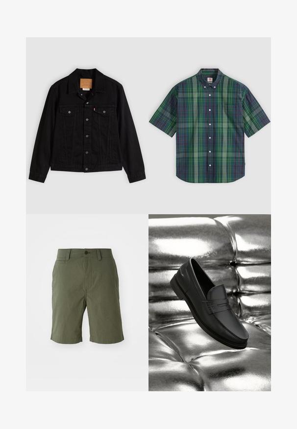 Veste en denim noir au design classique, avec un col pointu, des poches poitrine, une fermeture à cinq boutons et une étiquette de marque en cuir.; Chemise à manches courtes boutonnée, à carreaux verts, bleus, blancs et rouges, avec une poche poitrine devant et un col boutonné.; Shorts vert olive en tissu léger, avec un devant plat, deux poches latérales, une poche arrière unique et une fermeture à bouton.; Mocassins en cuir noir à texture lisse, avec des détails de couture et un design classique, présentés sur un fond métallique et brillant.