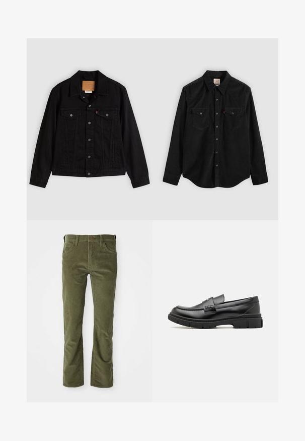 Sort denimjakke med klassisk design, der har en spids krave, brystlommer, lukning med fem knapper og et lædermærke med mærkenavn.; Sort corduroy-skjorte med lange ærmer, knaplukning, to brystlommer og en spids krave. Tekstureret stof med en glat finish.; Olivengrønne fløjlsbukser med forlommer, bæltestropper, knaplukning og let udvidelse ved benåbningerne.; Sort læder loafersko med en bred rem over forfoden, gummisål med tykke mønstre og glat overflade. Klassisk, slankt design.