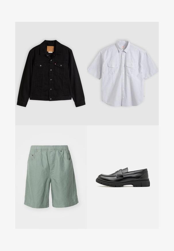 Sort denimjakke med klassisk design, der har en spids krave, brystlommer, lukning med fem knapper og et lædermærke med mærkenavn.; Kortærmet, lysegrå og hvide lodrette stribede skjorte med knapper, to forlommer med klap og en klassisk krave.; Lys grønne shorts lavet af struktureret stof med elastisk talje, der har to sidelommer og minimale syninger.; Sort læder loafersko med en bred rem over forfoden, gummisål med tykke mønstre og glat overflade. Klassisk, slankt design.