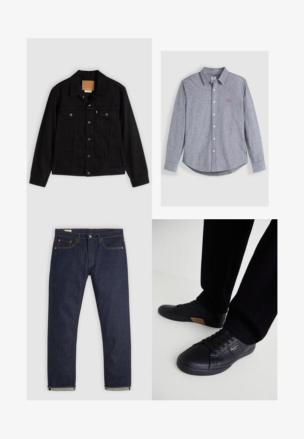 Chaqueta de mezclilla negra con un diseño clásico, que incluye cuello puntiagudo, bolsillos en el pecho, cierre de cinco botones y etiqueta de cuero de la marca.; Camisa gris de manga larga con botones y cuello, que presenta un pequeño logo rojo en el pecho, confeccionada con una tela texturizada y botones blancos.; Vaqueros vaqueros de pierna recta en azul oscuro con puños doblados, diseño de cinco bolsillos, remaches de cobre y cierre de botón sobre un fondo liso.; Zapatillas de cuero negro con un diseño elegante, que presentan una superficie texturizada, punta redonda y cordones negros. Detalle del logo en dorado en el lateral.
