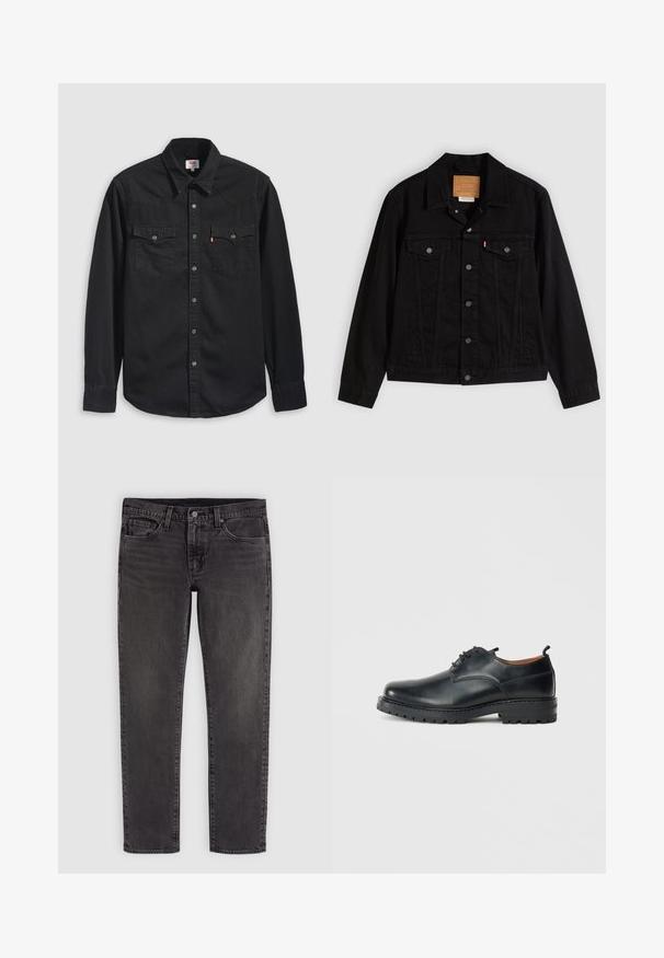Veste en denim noir au design classique, avec un col pointu, des poches poitrine, une fermeture à cinq boutons et une étiquette de marque en cuir.; Chemise en denim noir avec col boutonné, deux poches poitrine et un col pointu avec des détails de couture visibles.; Jean denim noir droit avec bouton et fermeture éclair, poches avant et arrière, et passants de ceinture.; Chaussures derby en cuir noir avec une texture lisse, bout rond, design à lacets et une semelle en caoutchouc épaisse et robuste.