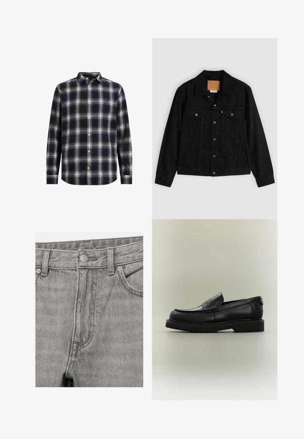 Sort denimjakke med klassisk design, der har en spids krave, brystlommer, lukning med fem knapper og et lædermærke med mærkenavn.; Marineblå og cremeplaid flannel skjorte med knapkrave, lange ærmer og beige knapper; har en blød tekstur og en struktureret form.; Grå denimjeans foran med knaplukning, bæltestropper og synlige forlommer.; Sort læderloafer med en tyk gummisål, penny remdetalje og syning på mokkatoe-designet mod en neutral baggrund.
