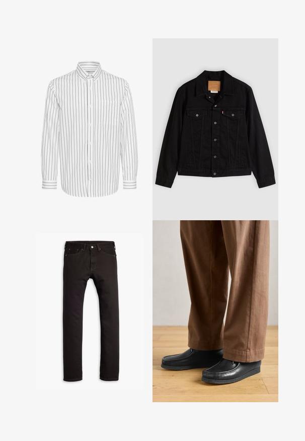 Sort denimjakke med klassisk design, der har en spids krave, brystlommer, lukning med fem knapper og et lædermærke med mærkenavn.; Hvid langærmet skjorte med sorte lodrette striber, knap-ned krave, enkelt brystlomme og striber i kontrast på manchetterne.; Sorte slim-fit jeans med fem lommer og knaplukning, præsenteret fladt på en hvid baggrund.; Sorte lædersko med mokkasin-design og syningdetaljer, parret med brune bukser, på et trægulv.