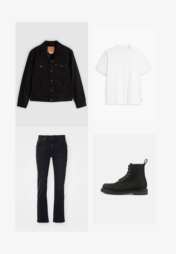 Chaqueta de mezclilla negra con un diseño clásico, que incluye cuello puntiagudo, bolsillos en el pecho, cierre de cinco botones y etiqueta de cuero de la marca.; Camiseta de algodón blanca con mangas cortas, cuello redondo y un sutil logo "Levi's" impreso en color claro en la parte frontal.; Jeans de mezclilla negros con un diseño de pierna recta, que presentan un estilo clásico de cinco bolsillos y detalles de costura sutiles en los bolsillos.; Botas de cuero negras hasta el tobillo con punta redonda, diseño de cordones, ojales de metal y suela de goma texturizada. Cuenta con una lengüeta decorativa.