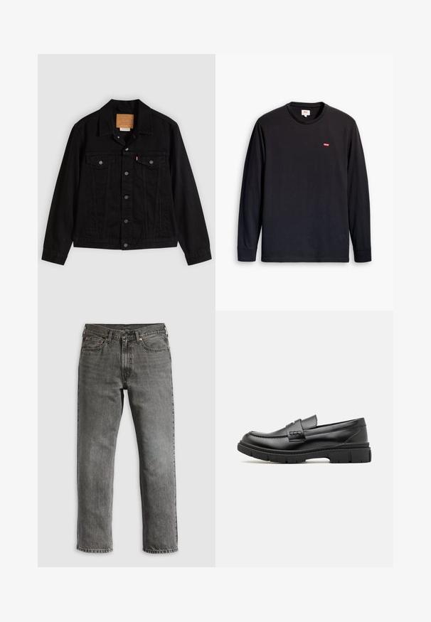 Schwarze Jeansjacke mit klassischem Design, ausgestattet mit spitzem Kragen, Brusttaschen, Fünf-Knopf-Verschluss und Leder-Label der Marke.; Schwarzes Langarm-T-Shirt aus Baumwolle. Verfügt über einen Rundhalsausschnitt und ein kleines rotes Logo auf der Brust. Glatte Textur, Standardpassform.; Graue Jeans aus Denim mit geradem Bein, ausgestattet mit fünf Taschen, kupfernen Nieten und sichtbaren Nähten. Klassisches Design mit Reißverschluss.; Schwarze Lederloafer mit einem breiten Riemen über dem Rist, Gummisohle mit dicken Profilen und glatter Textur. Klassisches, schlankes Design.