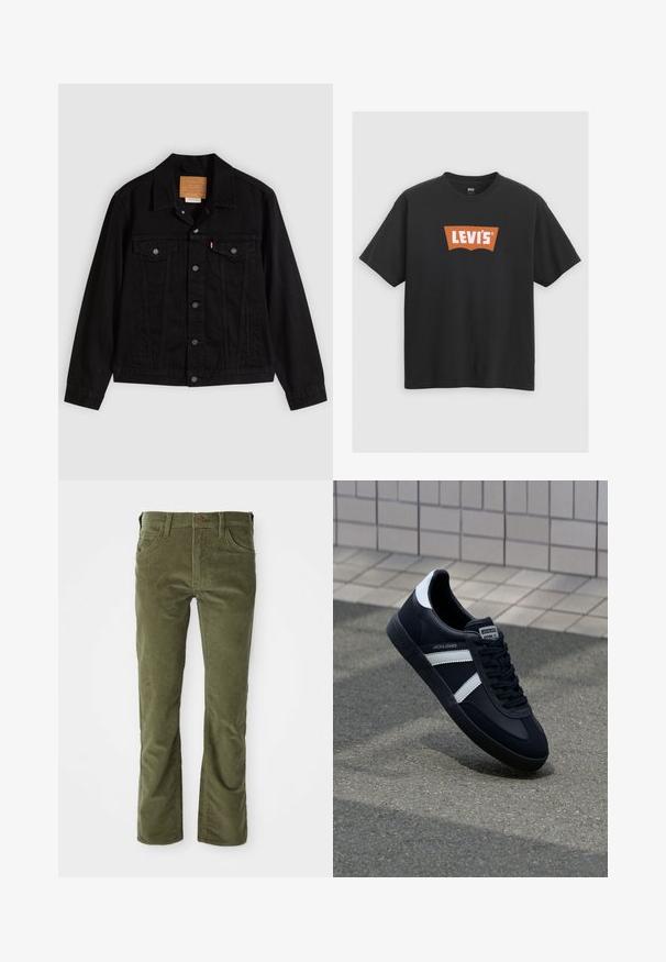 Zwarte spijkerjack met een klassiek ontwerp, voorzien van een puntkraag, borstzakken, vijf knopen aan de voorkant en een leren merkembleem.; Zwarte katoenen t-shirt met een groot oranje Levi's logo op de voorkant, korte mouwen en een ronde hals.; Olijfgroene corduroy broek met voorzakken, riemlussen, knoopsluiting en een lichte flare bij de beenopeningen.; Zwarte leren sneaker met witte strepen, een gestructureerde rubberen zool en vetersluiting aan de voorkant. Voorzien van een merklabel op de tong.