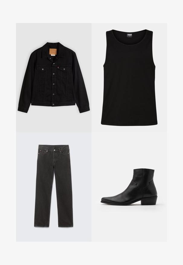 Schwarze Jeansjacke mit klassischem Design, ausgestattet mit spitzem Kragen, Brusttaschen, Fünf-Knopf-Verschluss und Leder-Label der Marke.; Schwarzes Tanktop aus weichem Baumwollstoff. Hat einen runden Halsausschnitt und breite Armausschnitte, ohne sichtbare Muster oder Akzente.; Schwarze Denim-Jeans mit geradem Bein, vorderen Taschen, Gürtelschlaufen und Knopfverschluss, flach auf einem grauen Hintergrund liegend.; Schwarze Leder-Ankle-Boots mit spitzer Zehenpartie, minimalen Nähdetails, einem mittelhohen Blockabsatz und einer glatten, polierten Oberfläche.
