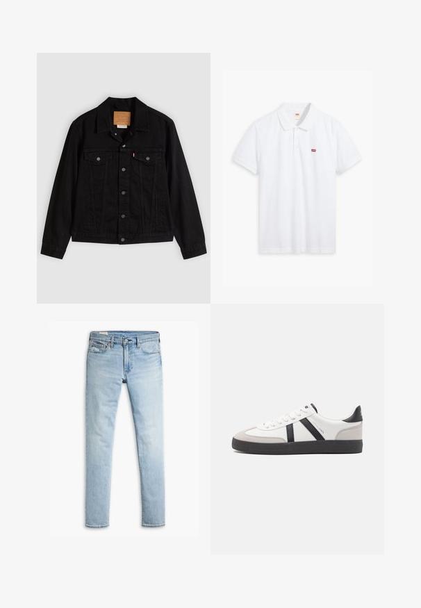 Sort denimjakke med klassisk design, der har en spids krave, brystlommer, lukning med fem knapper og et lædermærke med mærkenavn.; Hvid polo t-shirt lavet af bomuld. Har en tre-knaps stolpe, korte ærmer og et lille rødt Levi's-logo på venstre bryst.; Lysblå slim-fit denimjeans med knap- og lynlås-lukning, forlommer og bæltestropper på hvid baggrund.; Hvide sneakers med sorte og grå detaljer, med en tekstureret grå tåhætte, sort gummisål og flade hvide snørebånd. Rent design, minimalistisk stil.
