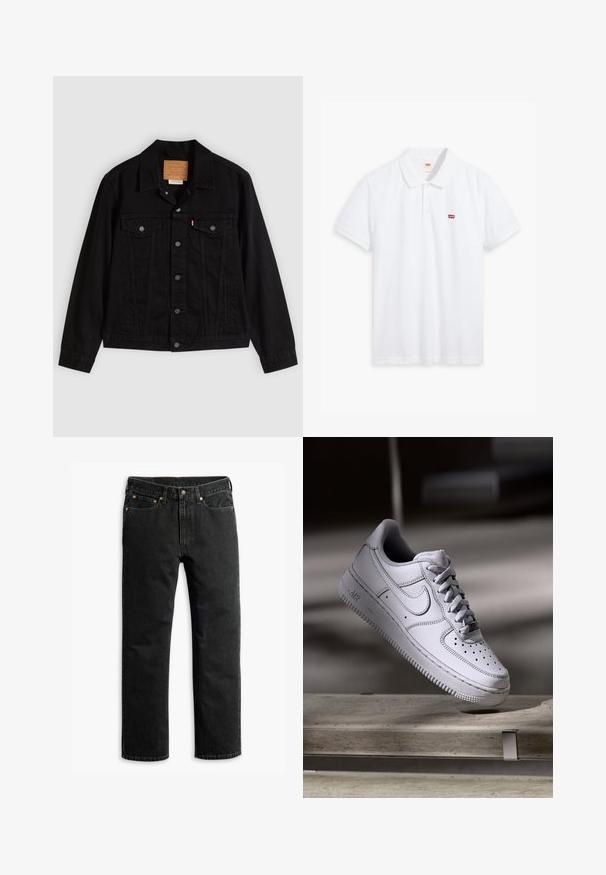 Zwarte spijkerjack met een klassiek ontwerp, voorzien van een puntkraag, borstzakken, vijf knopen aan de voorkant en een leren merkembleem.; Witte polo shirt van katoen. Voorzien van een drie-knopen sluiting, korte mouwen en een klein rood Levi's logo op de linkerborst.; Zwarte rechte spijkerbroek met vijf zakken, riemlussen en een knoopsluiting in de taille, plat gelegd op een witte achtergrond.; Witte Nike Air Force 1 sneaker van leer met geperforeerde neus, platte veters en een gestructureerde rubberen zool met "AIR"-logo aan de zijkant.