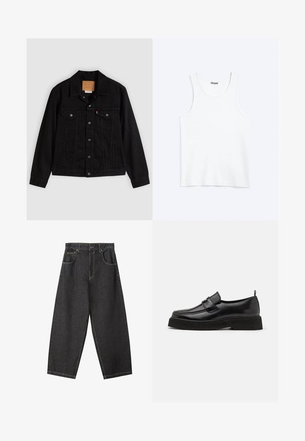 Schwarze Jeansjacke mit klassischem Design, ausgestattet mit spitzem Kragen, Brusttaschen, Fünf-Knopf-Verschluss und Leder-Label der Marke.; Weißes ärmelloses Tanktop mit rundem Ausschnitt und Weekday-Markenetikett auf der Innenseite des hinteren Kragens, flach auf hellem Hintergrund dargestellt.; Schwarze Denim-Hosen im Weitbein-Design mit gelben Nähten, fünf Taschen und einem mittelhohen Bund. Texturiertes Material mit glatter Oberfläche.; Schwarze Leder Slipper mit flacher, strukturiertem Sohlen, mit einer gestickten Zehenpartie und einem Riemen über dem Spann.