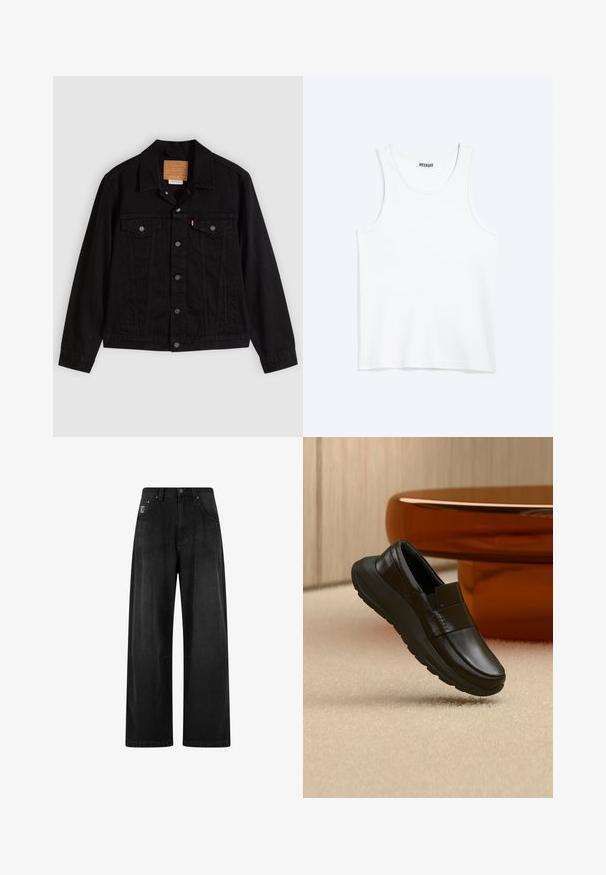Sort denimjakke med klassisk design, der har en spids krave, brystlommer, lukning med fem knapper og et lædermærke med mærkenavn.; Hvid ærmeløs tanktop med rund halsudskæring og Weekday-mærke på den indvendige baghals, vist fladt på lys baggrund.; Bredde ben sorte denim bukser med høj talje, der har fire lommer og et lille logo-tag på forsiden. Glat tekstur, enkel design.; Sort læderloafer med tyk sål, vist over beige tæppe og nær en rund bordfod i ravfarve.