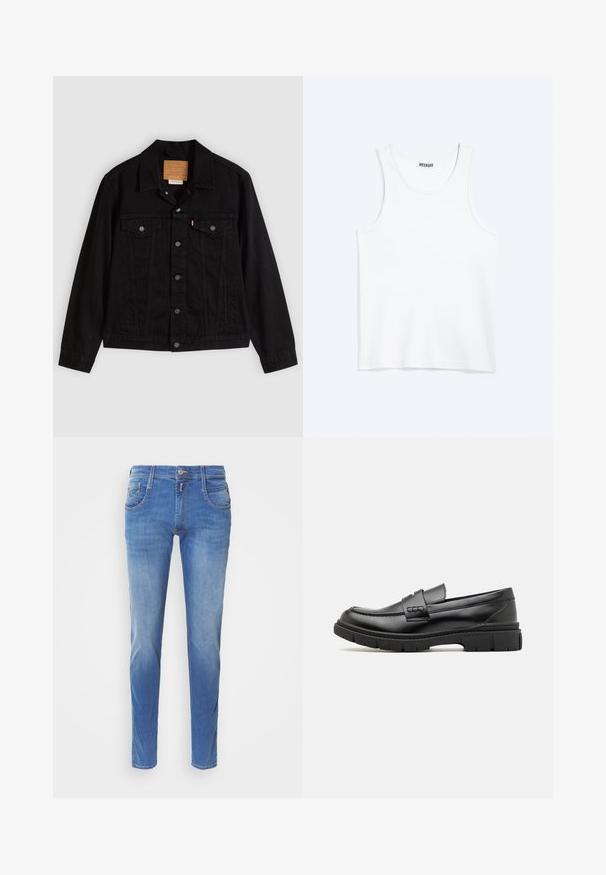 Sort denimjakke med klassisk design, der har en spids krave, brystlommer, lukning med fem knapper og et lædermærke med mærkenavn.; Hvid ærmeløs tanktop med rund halsudskæring og Weekday-mærke på den indvendige baghals, vist fladt på lys baggrund.; Blå denimjeans med slim fit. Har fem lommer, lukning med knap foran og let falming på benene. Lige benudskæring.; Sort læder loafersko med en bred rem over forfoden, gummisål med tykke mønstre og glat overflade. Klassisk, slankt design.