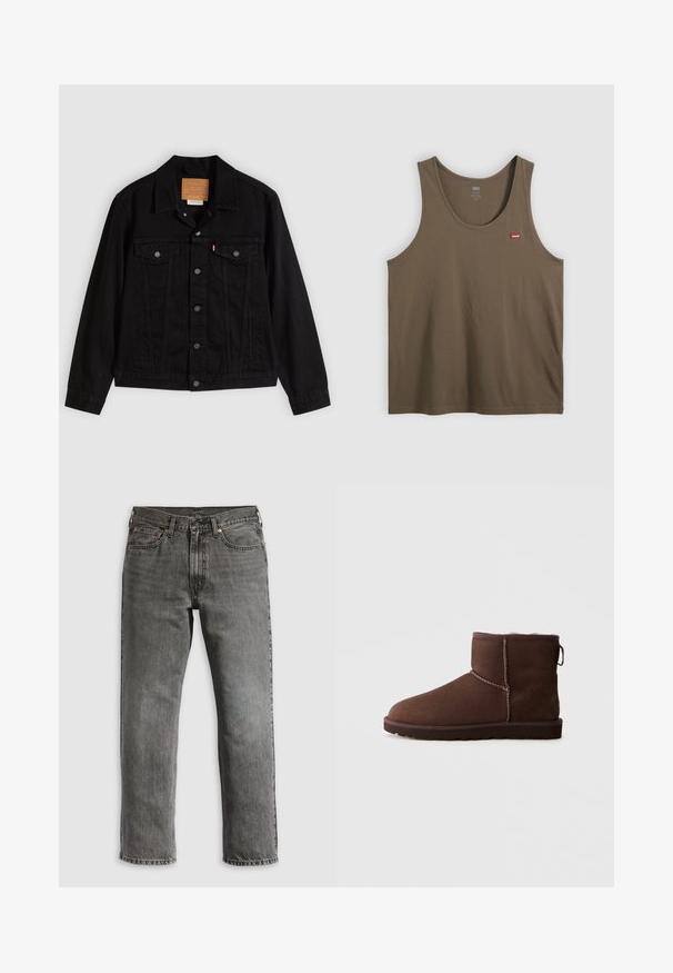 Sort denimjakke med klassisk design, der har en spids krave, brystlommer, lukning med fem knapper og et lædermærke med mærkenavn.; Brun ærmeløs bomuldstop med Levi's røde logoetiket på øverste venstre bryst, vist på en ensartet lys baggrund.; Grå denimjeans med straight-fit ben, udstyret med fem lommer, kobbernitter og synlig syning. Klassisk design med lynlås.; Brune ruskindsankelstøvle med synlig syning, flad sål og blød foring, set fra ydersiden mod en ensfarvet baggrund.