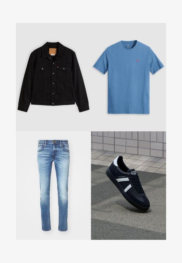 Veste en denim noir au design classique, avec un col pointu, des poches poitrine, une fermeture à cinq boutons et une étiquette de marque en cuir.; T-shirt en coton bleu uni à manches courtes, col rond et petit logo rouge Levi's sur la poitrine gauche.; Jean en denim bleu clair avec un design délavé, coupe droite, style à cinq poches, fermeture à bouton en métal et coutures contrastées.; Sneaker en cuir noir avec des rayures blanches, semelle en caoutchouc texturée et devant à lacets. Présente une étiquette de marque sur la languette.