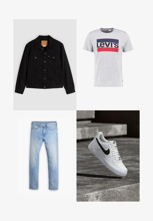 Schwarze Jeansjacke mit klassischem Design, ausgestattet mit spitzem Kragen, Brusttaschen, Fünf-Knopf-Verschluss und Leder-Label der Marke.; Graues T-Shirt mit kurzen Ärmeln aus Baumwolle, das ein großes Levi's-Logo in Schwarz und Rot auf der Vorderseite trägt, mit einem Rundhalsdesign.; Hellblaue Denim-Jeans mit geradem Schnitt, fünf Taschen und einer Knopfleiste. Verfügt über subtile Ausbleichungen und orangefarbene Nähte.; Weißer Nike Air Force 1 Sneaker mit schwarzem Swoosh, geschnürten Schnürsenkeln, schwebend in der Luft über einer strukturierten Betonoberfläche im Freien.