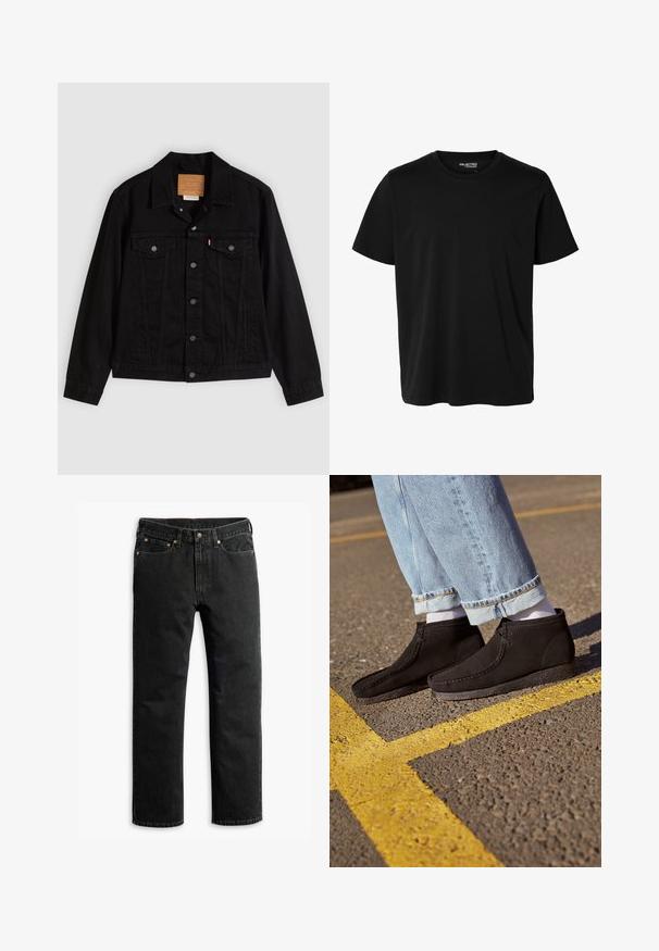 Musta denimtakki klassisella designilla, jossa on terävä kaulus, rintataskut, viiden napin kiinnitys ja nahkainen merkkilappu.; Yksivärinen musta lyhythihainen pikeekangaspuuvillapaita, jossa miehille sopiva leikkaus ja etupuolella ei näy kuvioita tai logoja.; Mustat suorat farkut viidellä taskulla, vyölenkeillä ja napitusvyöllä, asetettuina tasaisesti valkoista taustaa vasten.; Mustat mokkanahkaiset nilkkurit, joissa on sileä pinta, kaareva kärki ja ommeltu yksityiskohtia. Yhdistetty vaaleansinisiin käännettyihin farkkuihin ja valkoisiin sukkiin.