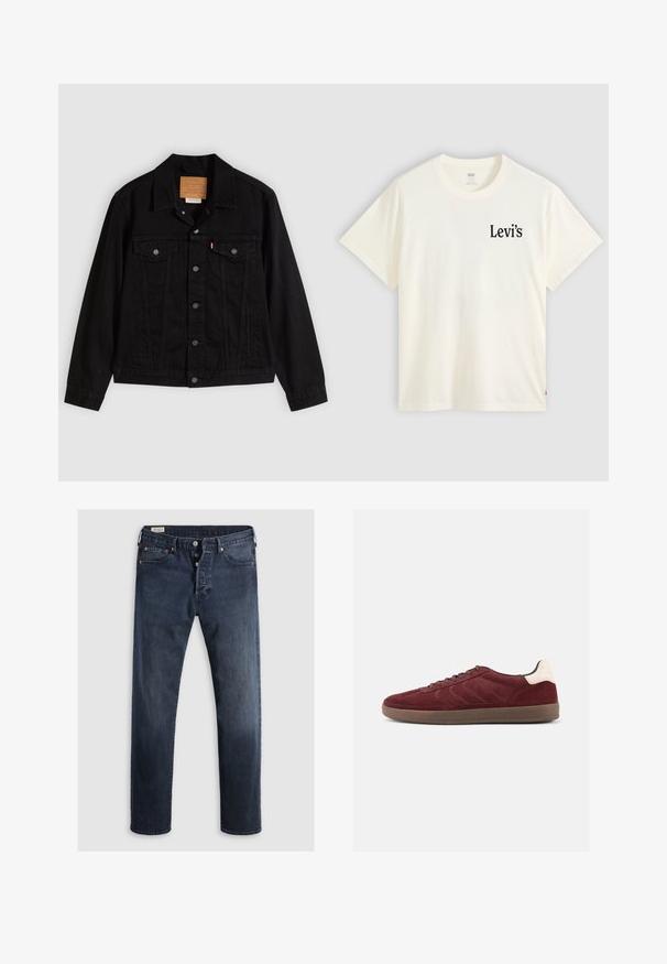 Sort denimjakke med klassisk design, der har en spids krave, brystlommer, lukning med fem knapper og et lædermærke med mærkenavn.; Hvid T-shirt med korte ærmer og rund hals med lille sort Levi's-logo på venstre bryst mod en ensfarvet baggrund.; Mørkeblue denimjeans med lige ben, der har lynlås i fly, metalknapper og kobbernitter. Glat tekstur, ingen synlige mønstre.; Bordeaux ruskindsneaker med snørelukning foran, tekstureret sideudformning og lysfarvet hælaccents. Gummisål med glat finish.