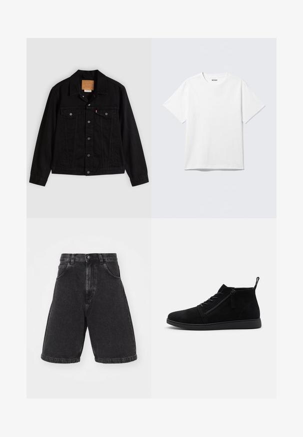 Chaqueta de mezclilla negra con un diseño clásico, que incluye cuello puntiagudo, bolsillos en el pecho, cierre de cinco botones y etiqueta de cuero de la marca.; Camiseta blanca de manga corta con cuello redondo, colocada plana, diseño liso, con etiqueta "WEEKDAY" en el interior del cuello sobre un fondo claro.; Pantalones cortos de mezclilla negra con un diseño de cintura alta, ajuste suelto y dobladillo enrollado. Cuenta con bolsillos frontales y un cierre de botón clásico.; Las botas de tobillo de ante negro cuentan con una punta redondeada, cordones frontales y una cremallera lateral. La suela es plana con un acabado texturizado para un mejor agarre.