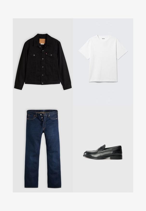 Sort denimjakke med klassisk design, der har en spids krave, brystlommer, lukning med fem knapper og et lædermærke med mærkenavn.; Hvid kortærmet crewneck T-shirt lagt fladt ud, ensfarvet design, med "WEEKDAY" mærkat inde i kraven på en lys baggrund.; Mørkeblå denimjeans med lige ben, fem lommer og gyldne syninger. Har knaplukning og kobbernitter. Glat tekstur.; Sorte læder loafers med en glat overflade, syede detaljer over vamps og en let hævet hæl.